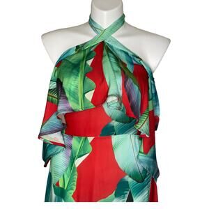 Tropical Halter Maxi Dress 16 Red Green Leaf Print Resort Vacation Cruise Wear